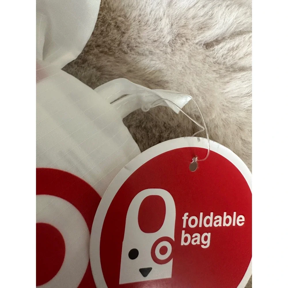 Target Bullseye Dog Mascot Foldable Reusable Shopping Bag White Red Pouch NWT